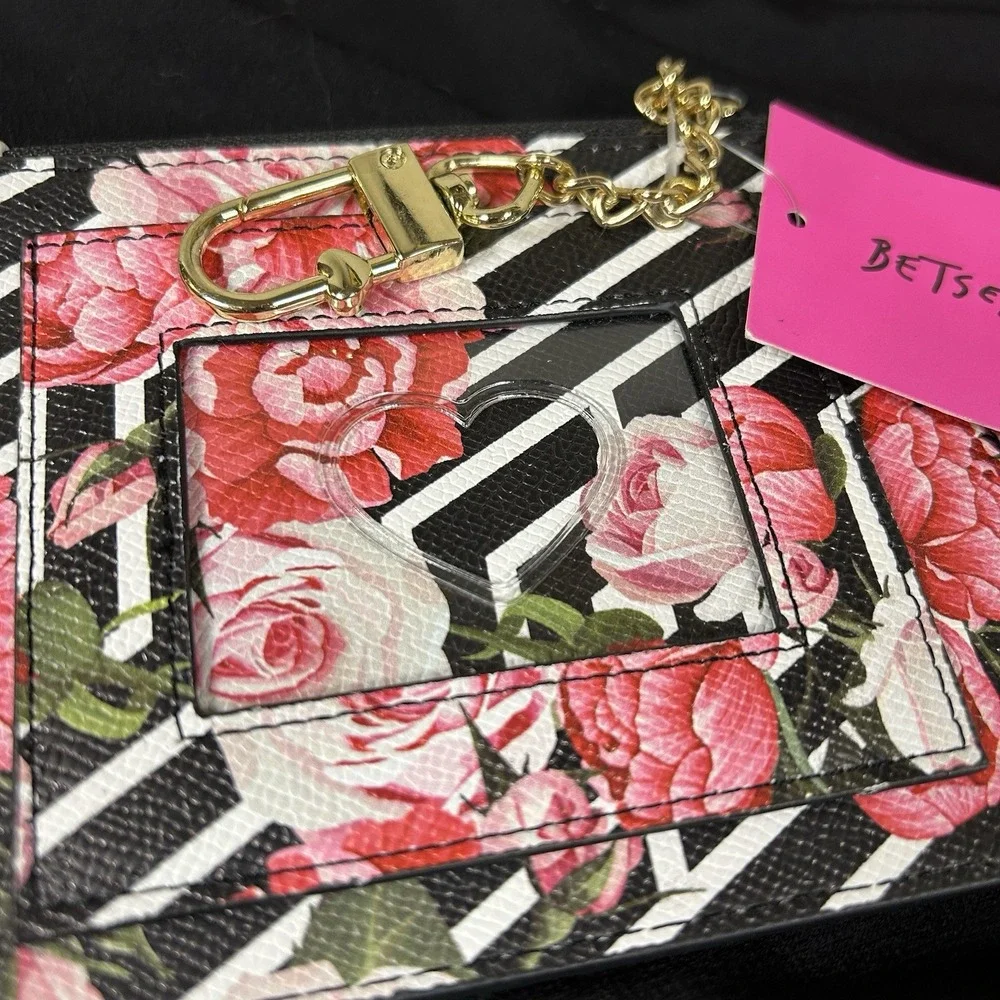Betsey Johnson New Black White Rose Floral Credit Card Wallet Keychain Clutch